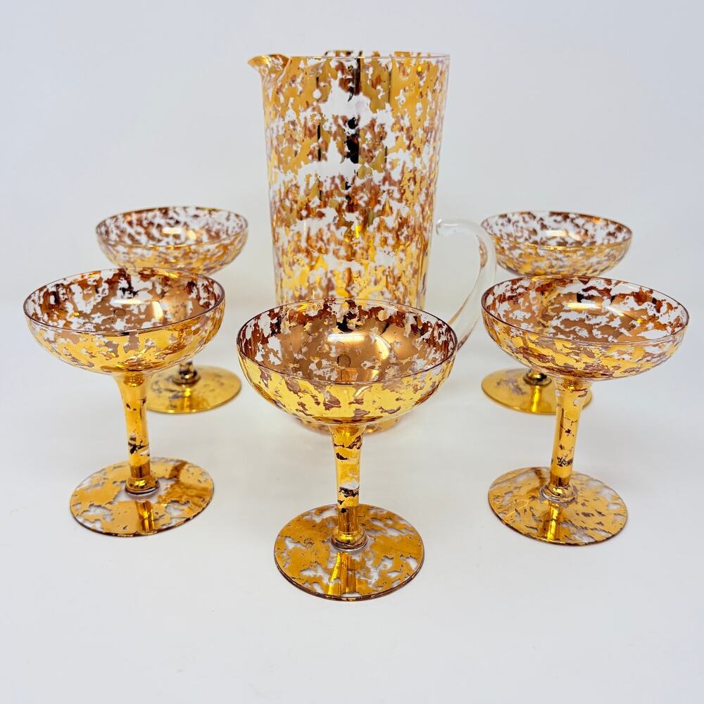 Vtg MCM Gold Splatter Cocktail Pitcher & 5 Coupe Glasses Barware Set